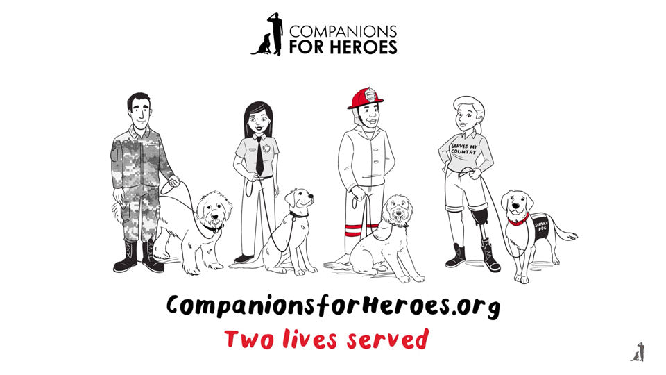 Load video: Two Lives served animated video describing the work that Companions for Heroes does to rescue both dogs and people that have served in the armed forces or as first-responders