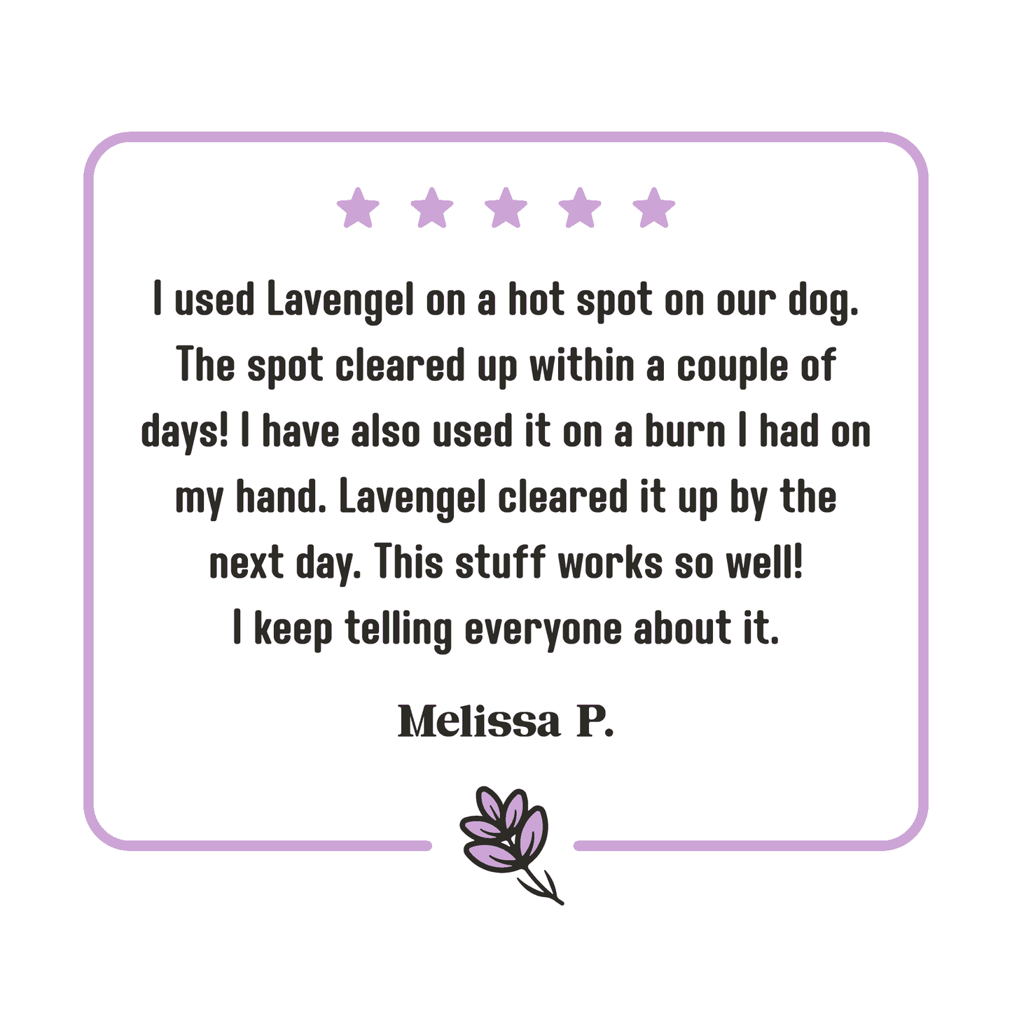 5-star Lavengel review from Melissa that reads: 'I used Lavengel on a hot spot on our dog. The spot cleared up within a couple of days! I have also used it on a burn I had on my hand. Lavengel cleared it up by the next day. This stuff works so well! I keep telling everyone about it.'!