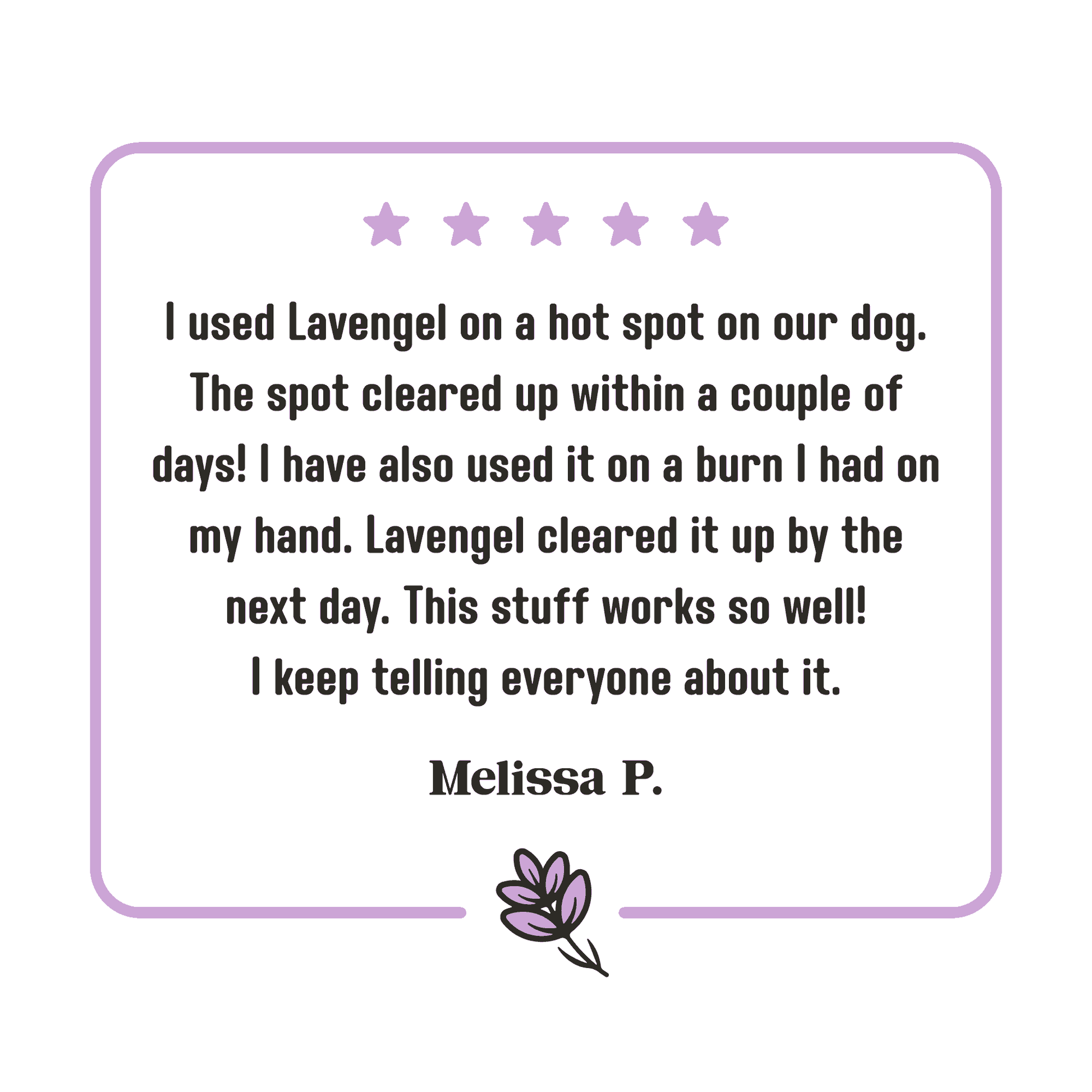 5-star Lavengel review from Melissa that reads: 'I used Lavengel on a hot spot on our dog. The spot cleared up within a couple of days! I have also used it on a burn I had on my hand. Lavengel cleared it up by the next day. This stuff works so well! I keep telling everyone about it.'!