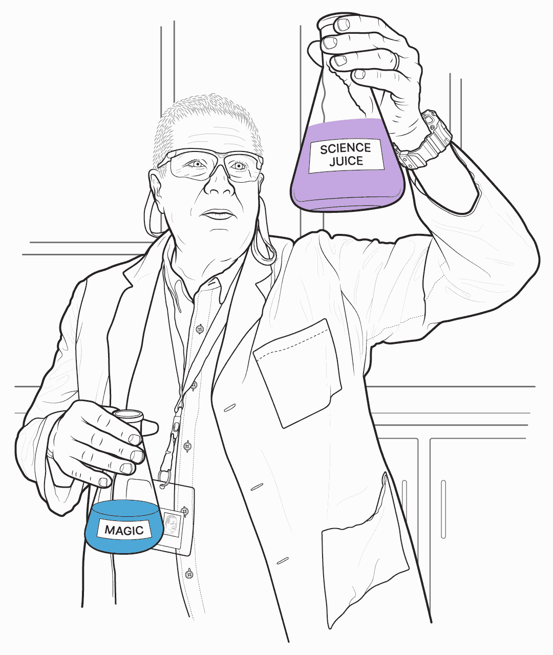 Black and white illustration of Dr. Andy Clark, inventor of Lavengel® and RadiQuell™, holding up two erlenmeyer flasks labeled 'magic' and 'science juice'