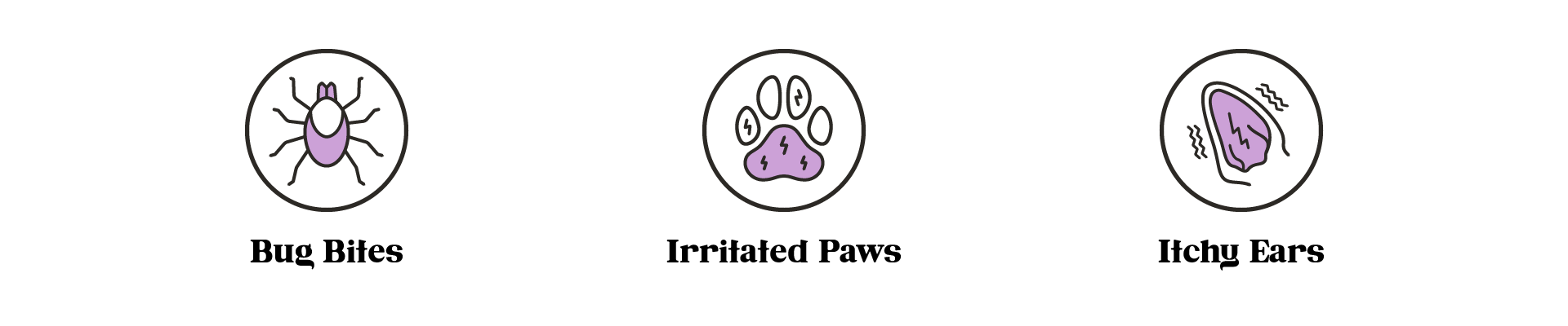 Three icons indicating that Lavengel® is an effective treatment for healing bug bites, irritated paws, and itchy ears in dogs