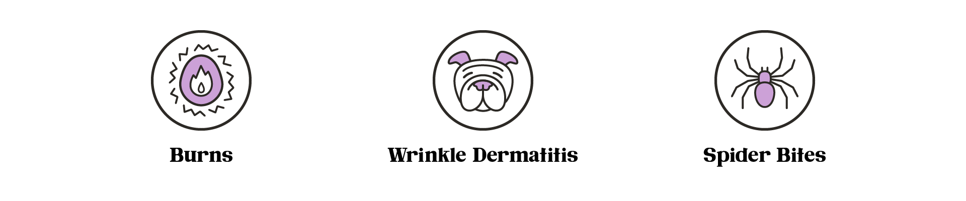 Three icons indicating that Lavengel® is good for healing burns, wrinkle dermatitis, and spider bites in dogs