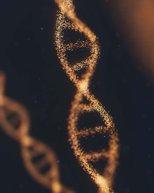 Computer-generated render of DNA strands made up of tiny gold particles