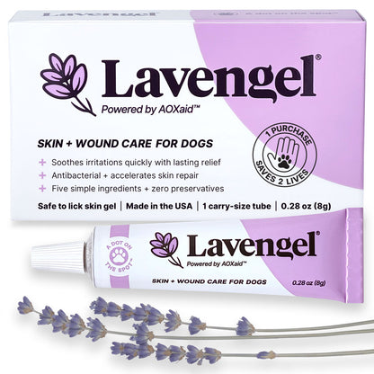 Lavengel® Skin and Wound Care Gel for Dogs packaging with lavender flowers on white background