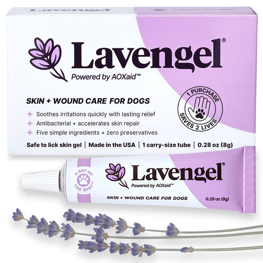 Lavengel® Skin and Wound Care Gel for Dogs packaging with lavender flowers on white background
