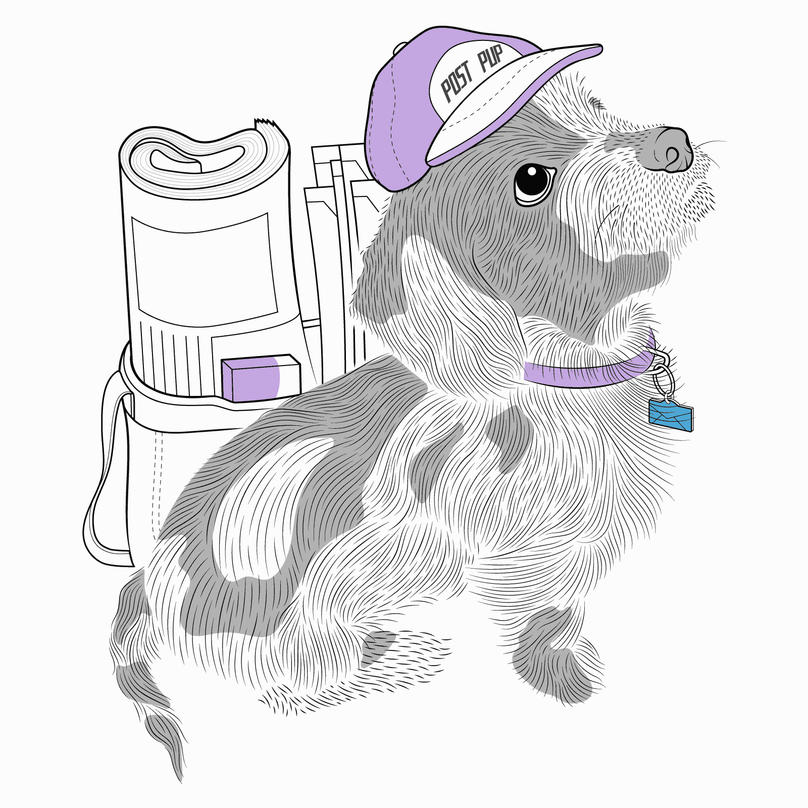 Illustration of a sitting wire-haired dachshund puppy wearing a cap that says "Post Pup"; behind Post Pup is a bag of mail