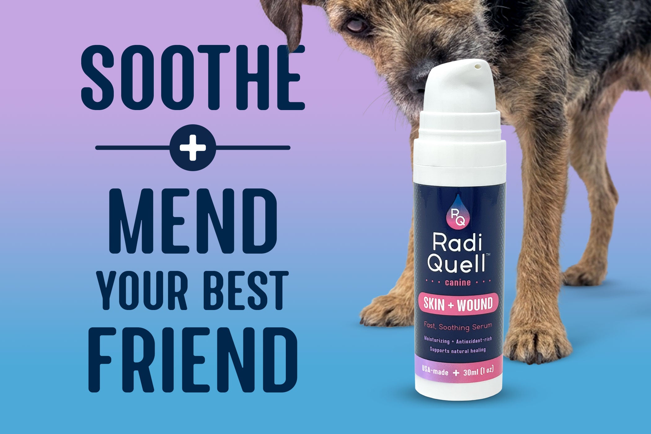 A RadiQuell® Canine skin and wound soothing serum bottle is shown in front of an inquisitive mix-breed dog on a purple-to-blue gradient background with the text 'SOOTHE + MEND YOUR BEST FRIEND'.