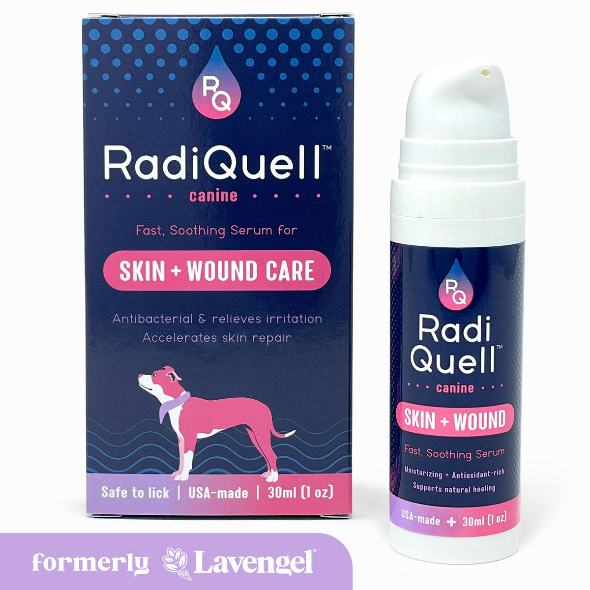 RadiQuell® Canine fast-soothing skin & wound care serum shown with its retail box and the serum bottle. The packaging features a dark blue background with lavender accents, a dog illustration, and the RadiQuell logo. The tag in the bottom left corner reads 'formerly Lavengel®'.