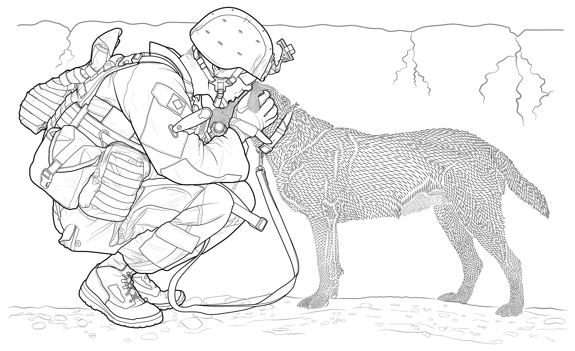Illustration of soldier in full military field gear crouching down and kissing dog on forehead