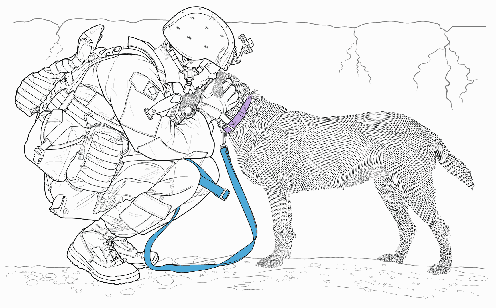 Black and white high-detailed illustration of soldier in full military field gear crouching down and kissing dog on forehead